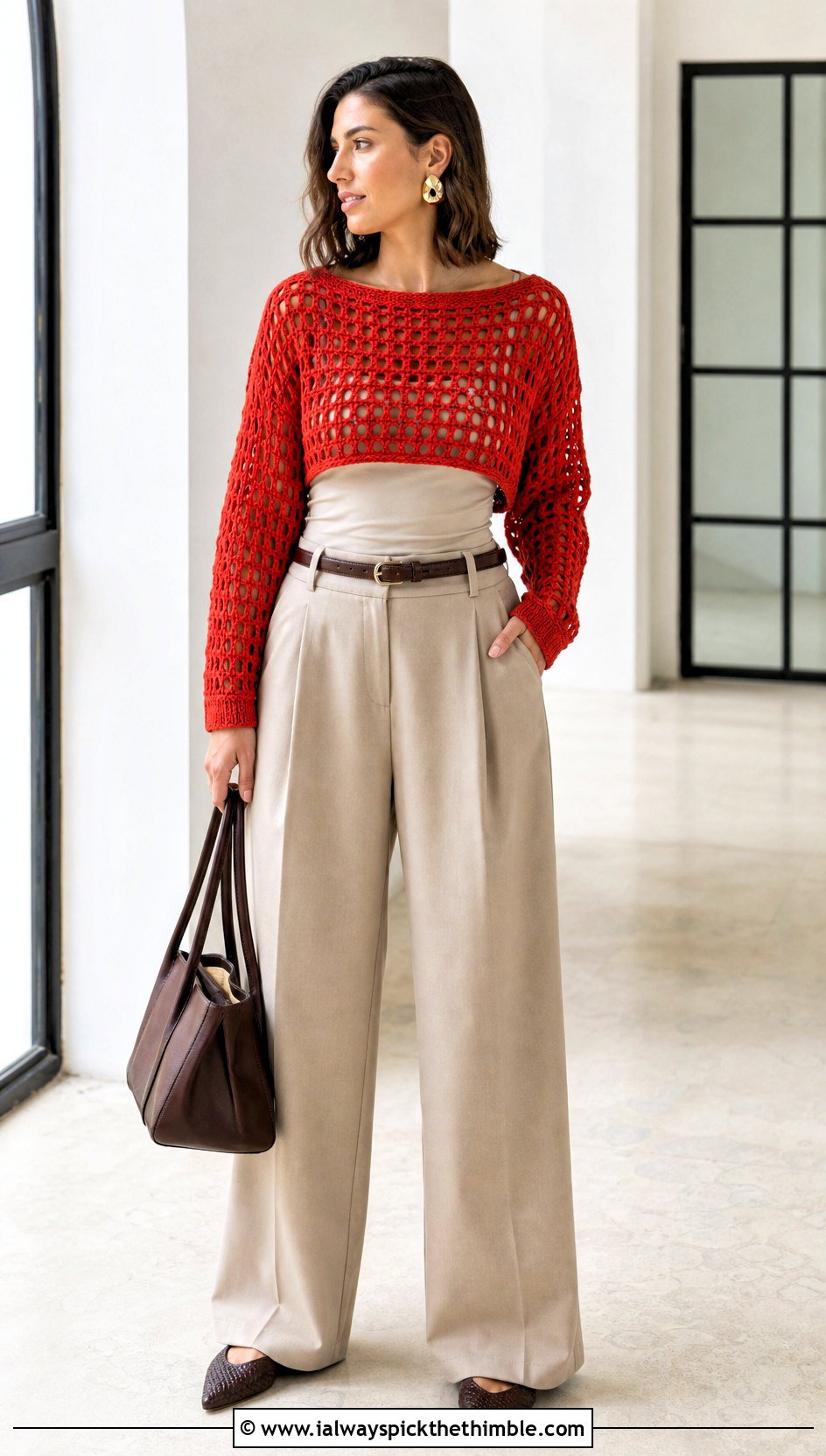Cropped Boat Neck Crochet Lightweight Sweater With Wide Leg Trousers - 20 Crochet Lightweight Sweater outfit ideas