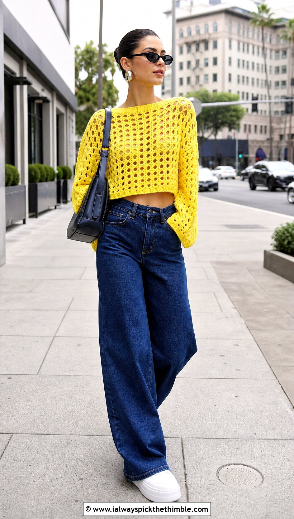 Cropped Boat Neck Crochet Sweater With Wide Leg Jeans - 15 boat neck crochet sweater outfit ideas