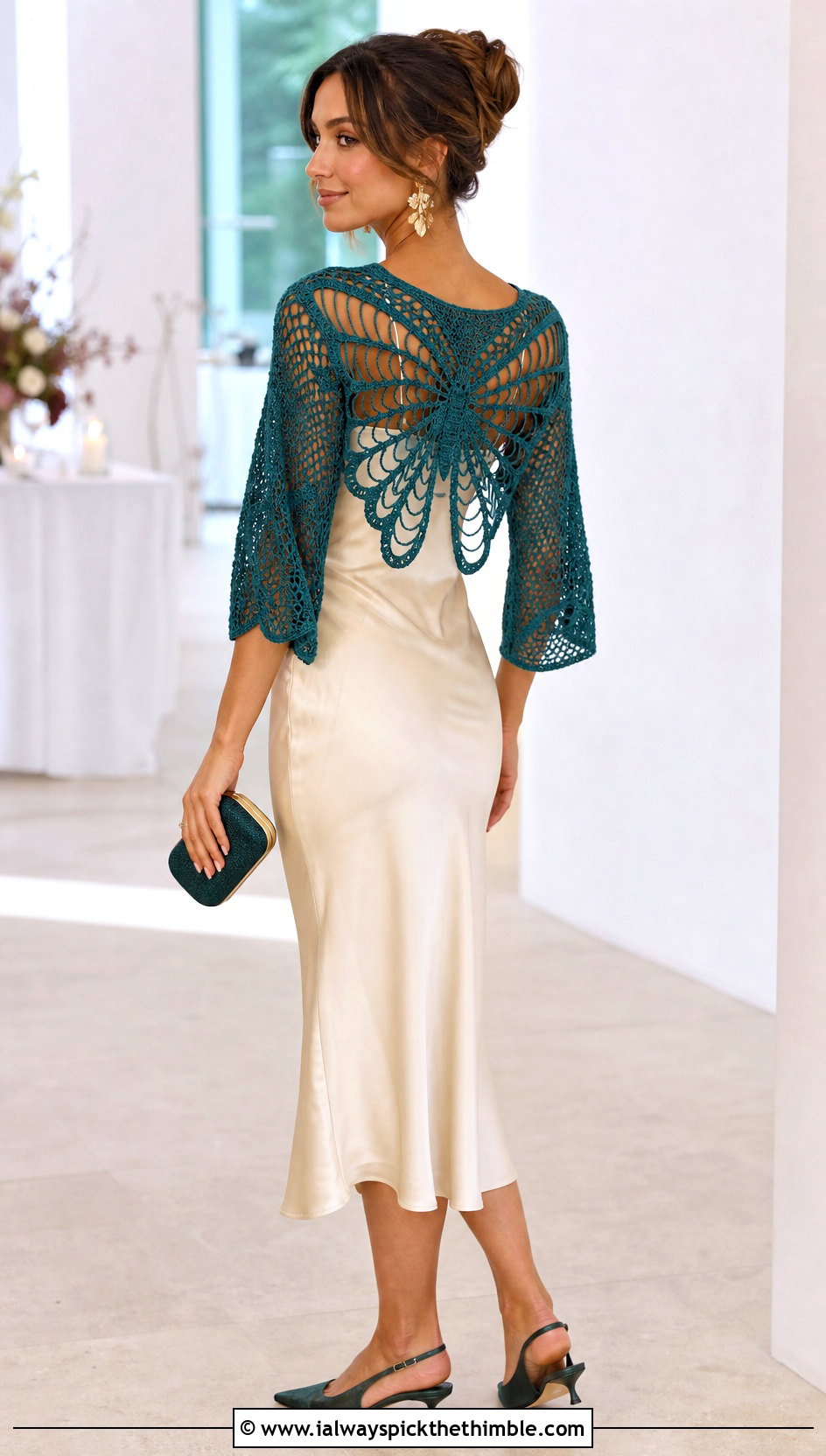 Cropped Bolero Crochet Butterfly Shrug With Slip Dress - 15 Crochet Butterfly Shrug outfit ideas
