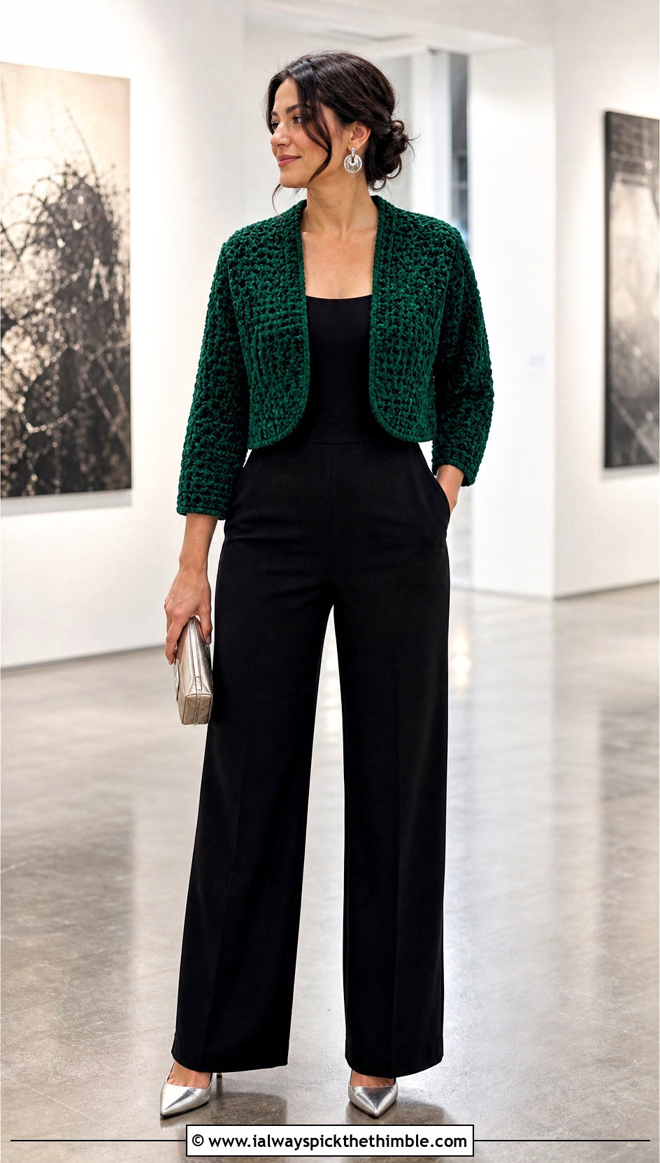 Cropped Bolero Crochet Chenille Cardigan With Wide Leg Jumpsuit - 20 crochet chenille cardigan outfit ideas