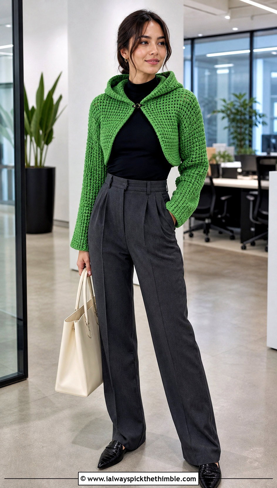 Cropped Bolero Crochet Shrug With Hood And Tailored Trousers - 20 crochet shrug with hood outfit ideas