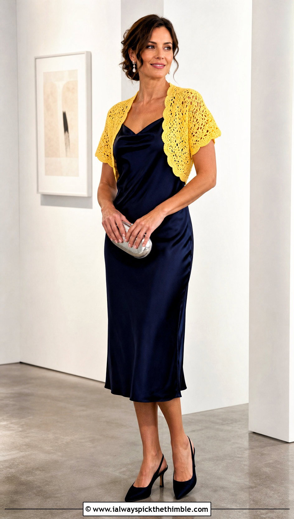Cropped Bolero Crochet Shrug Wrap With Satin Midi Dress - 20 crochet shrug wrap outfit ideas