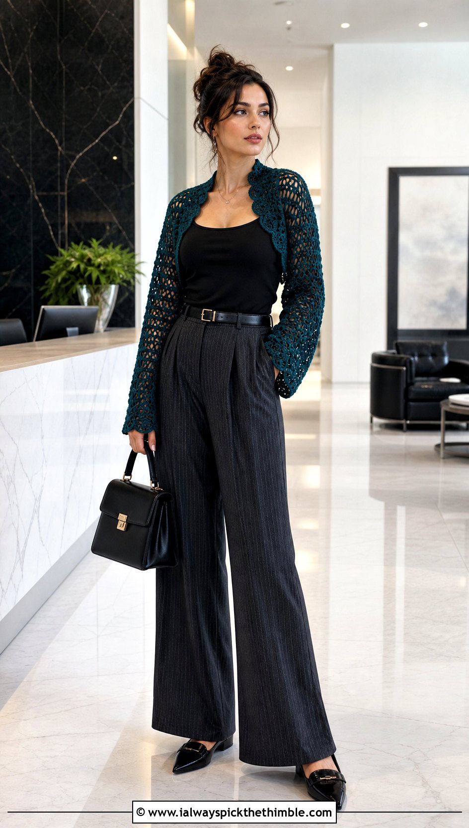 Cropped Bolero Goth Crochet Cardigan With Wide Leg Trousers - 15 goth crochet cardigan outfit ideas
