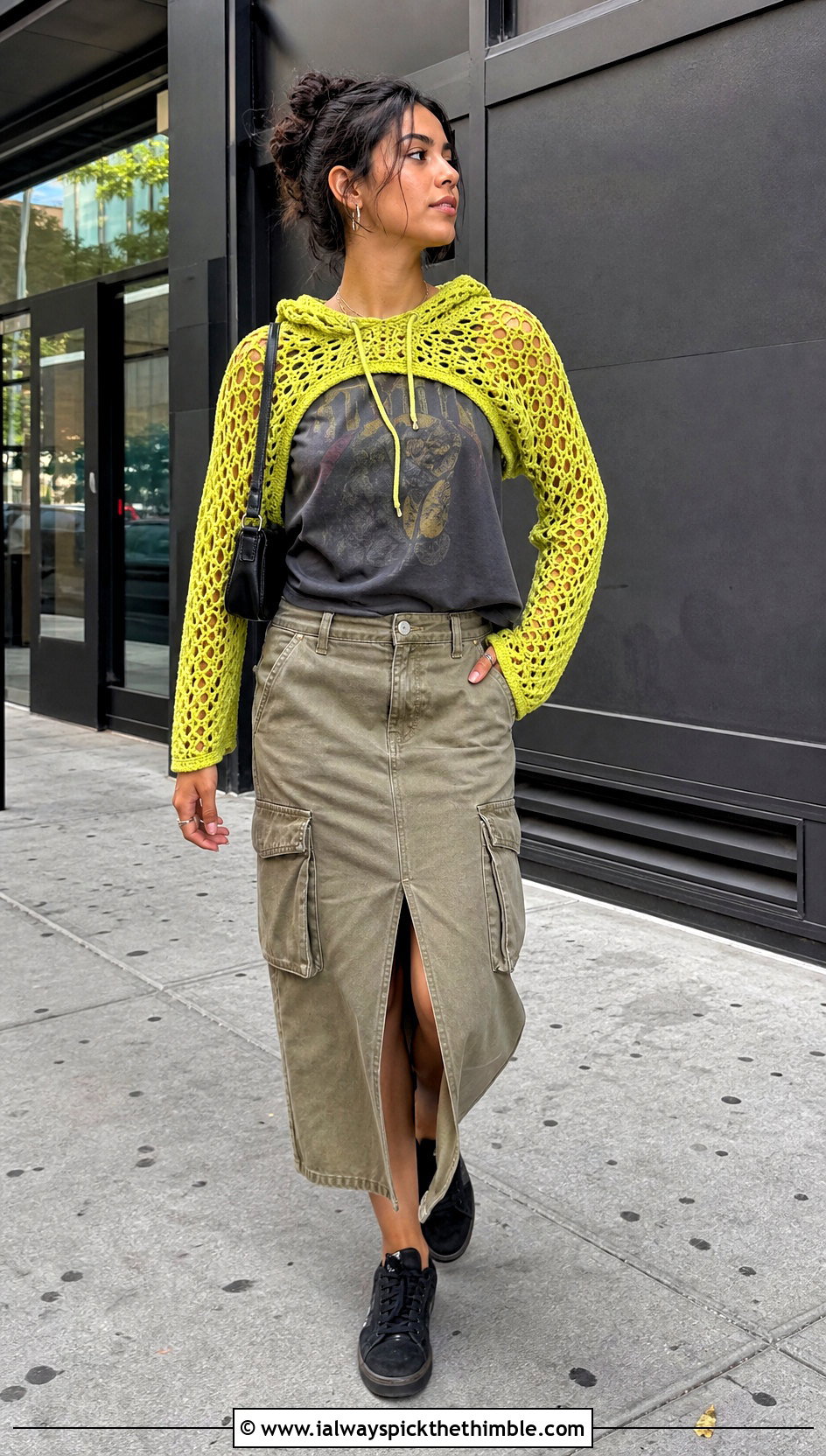 Cropped Bolero Hooded Crochet Shrug With Cargo Midi Skirt - 20 hooded crochet shrug outfit ideas