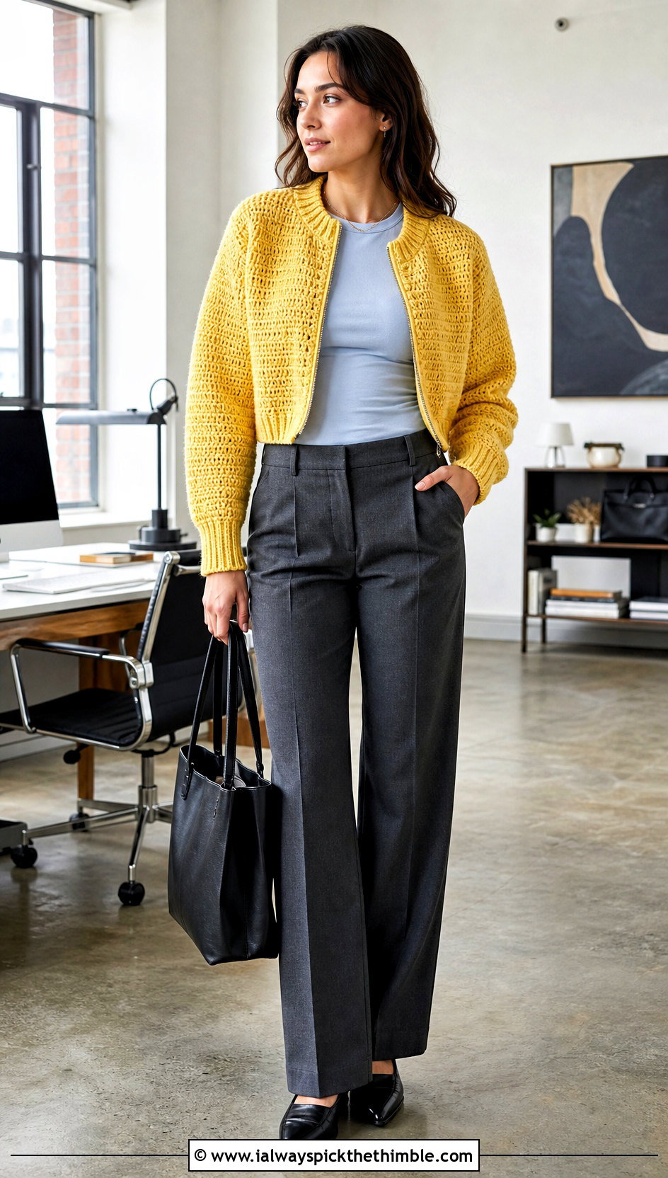 Cropped Bomber Crochet Raglan Jacket With Tailored Trousers - 15 crochet raglan jacket outfit ideas