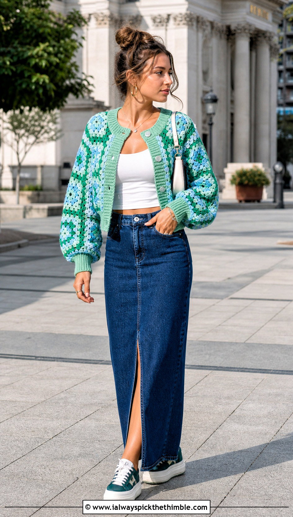 Cropped Bomber Granny Square Patchwork Cardigan With Denim Maxi Skirt - 20 Granny Square Patchwork Cardigan outfit ideas