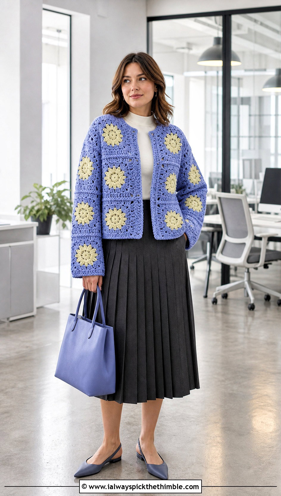 Cropped Boxy Big Granny Square Cardigan With Pleated Midi Skirt - 25 Big Granny Square Cardigan outfit ideas