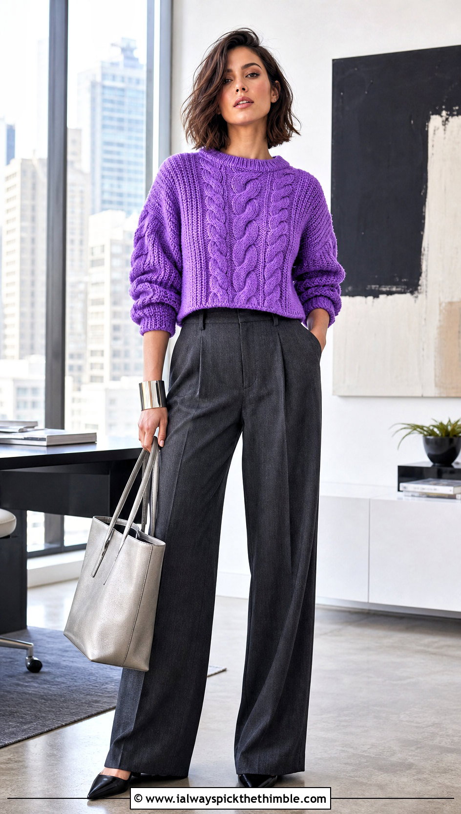 Cropped Boxy Crochet Cable Sweater With Wide Leg Trousers - 20 crochet cable knit sweater outfit ideas