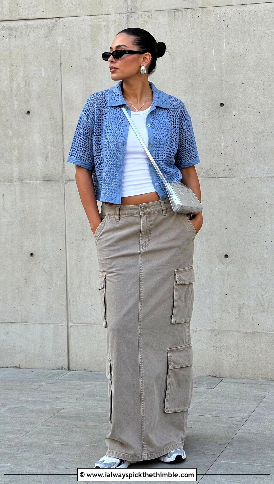 Cropped Boxy Crochet Camp Shirt With Cargo Maxi Skirt - 25 crochet collared shirt outfit ideas