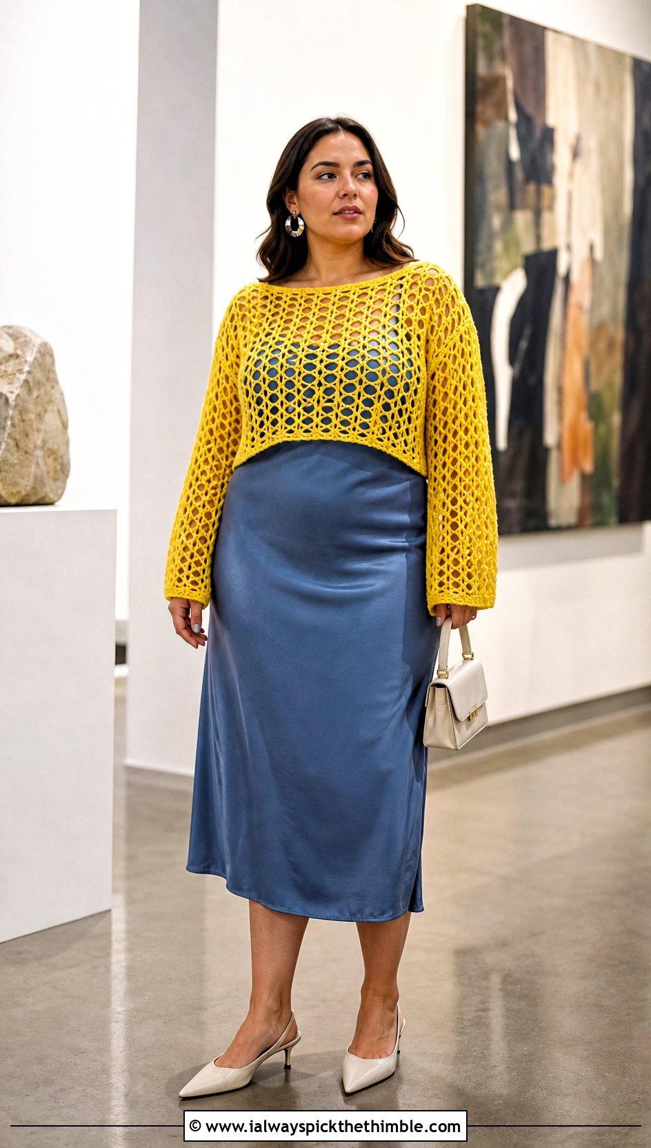 Cropped Boxy Crochet Fishnet Sweater Over a Satin Slip Dress - 20 Crochet Fishnet Sweater outfit ideas