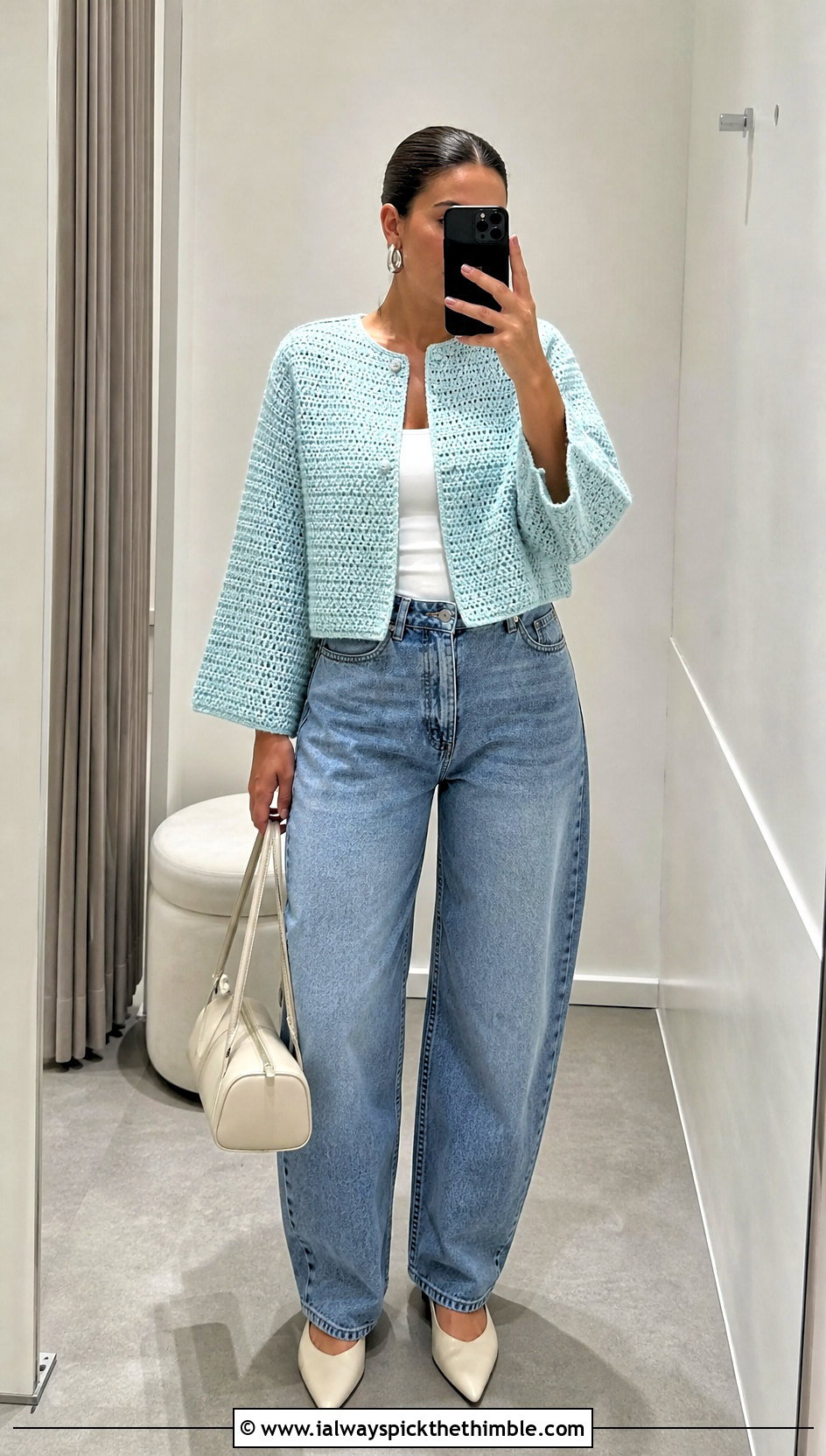 Cropped Boxy Crochet Jacket With Barrel Jeans - 20 Crochet Ladies Jacket outfit ideas