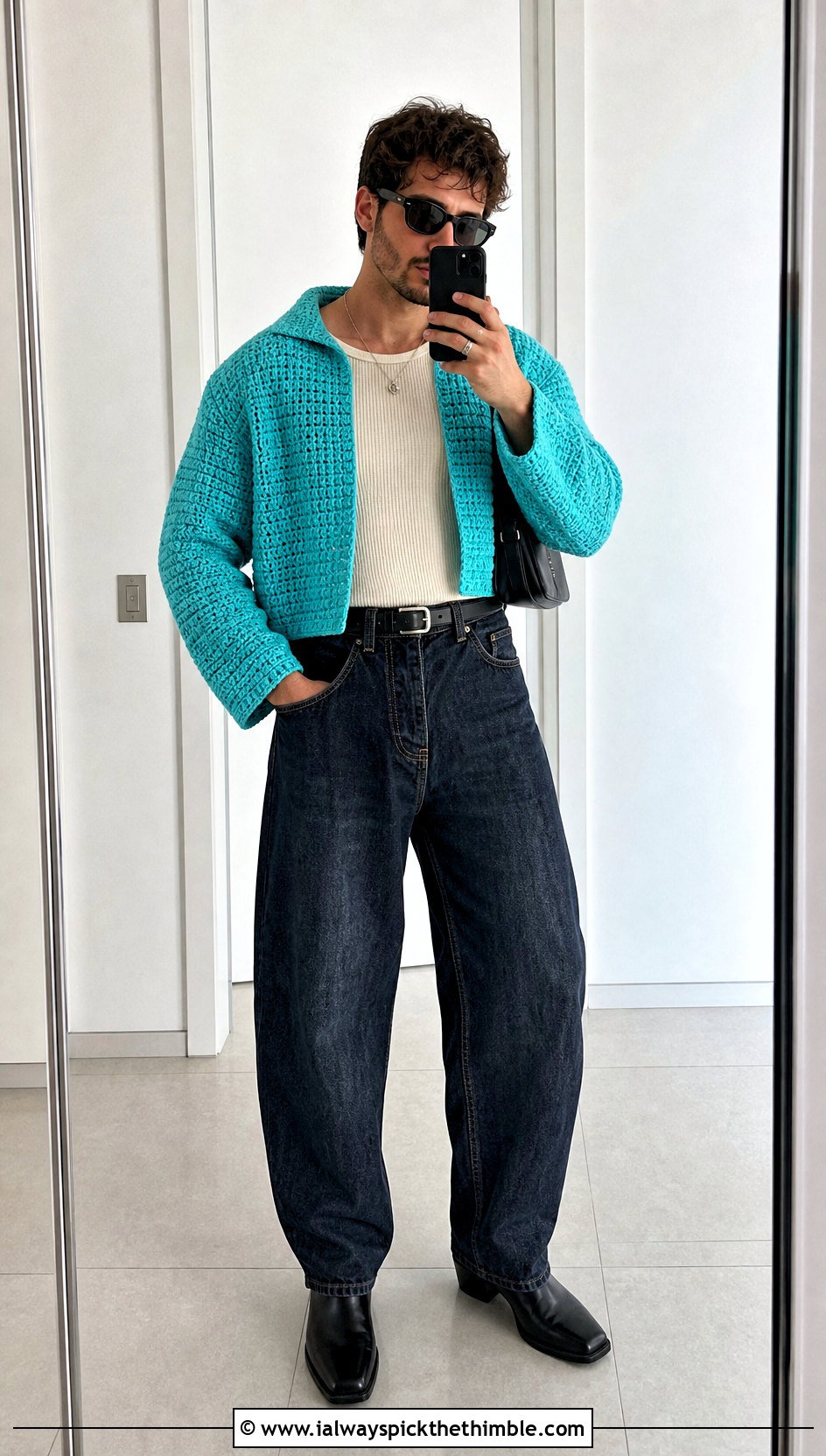 Cropped Boxy Crochet Jacket With High Rise Jeans - 15 Crochet Mens Jacket outfit ideas