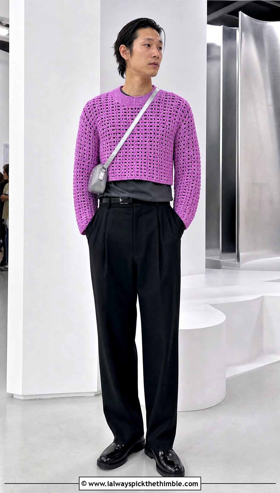 Cropped Boxy Crochet Jumper With High Waist Trousers - 25 men crochet jumper outfit ideas