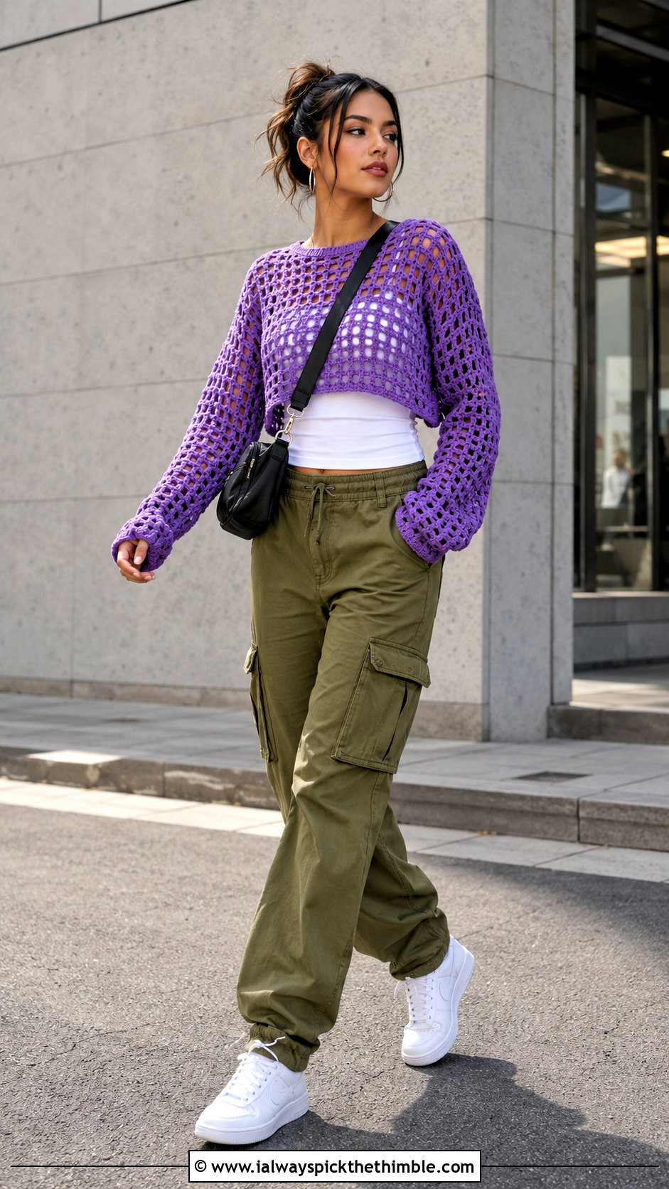 Cropped Boxy Crochet Sweater With Cargo Pants - 15 adult crochet sweater outfit ideas