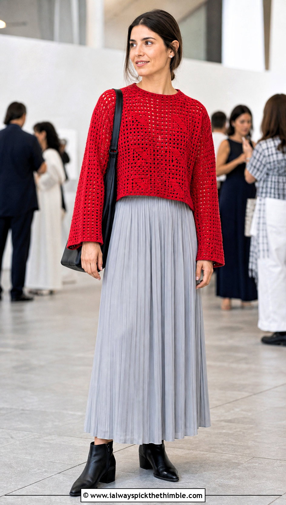 Cropped Boxy Crochet Sweater With Pleated Maxi Skirt - 15 Super Slouchy Crochet Sweater outfit ideas
