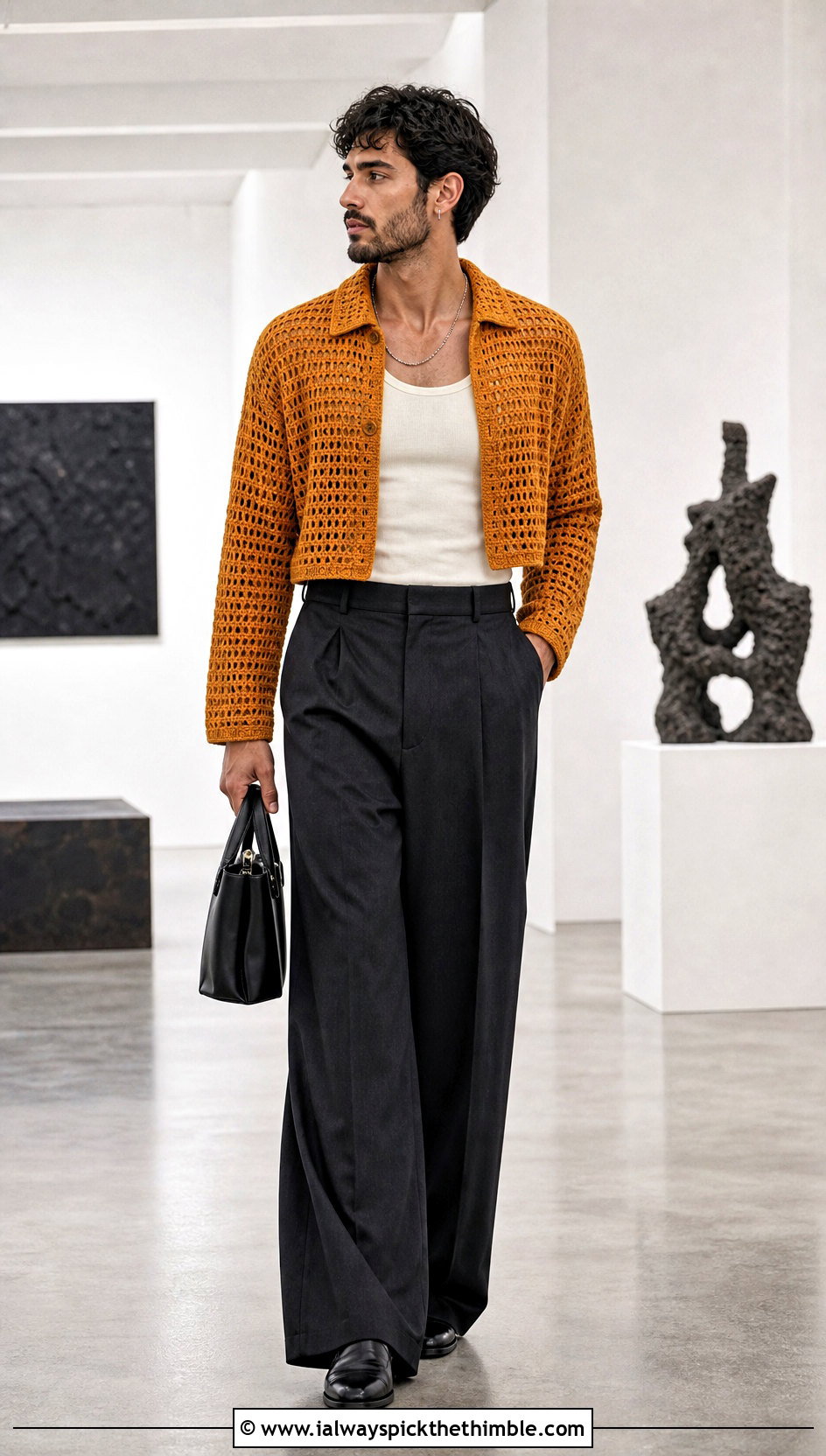 Cropped Boxy Crochet Sweater With Wide Leg Trousers - 25 crochet sweater for men outfit ideas