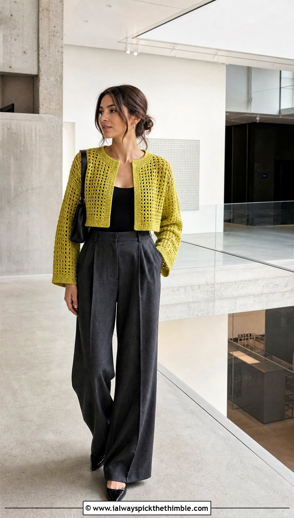 Cropped Boxy Crochet Sweater With Wide Leg Trousers - 15 Crochet Comfy Sweater outfit ideas