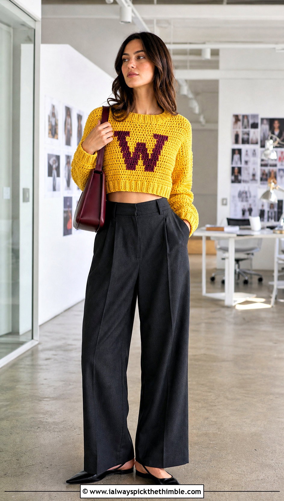 Cropped Boxy Crochet Weasley Sweater With Wide Leg Trousers - 25 crochet weasley sweater outfit ideas