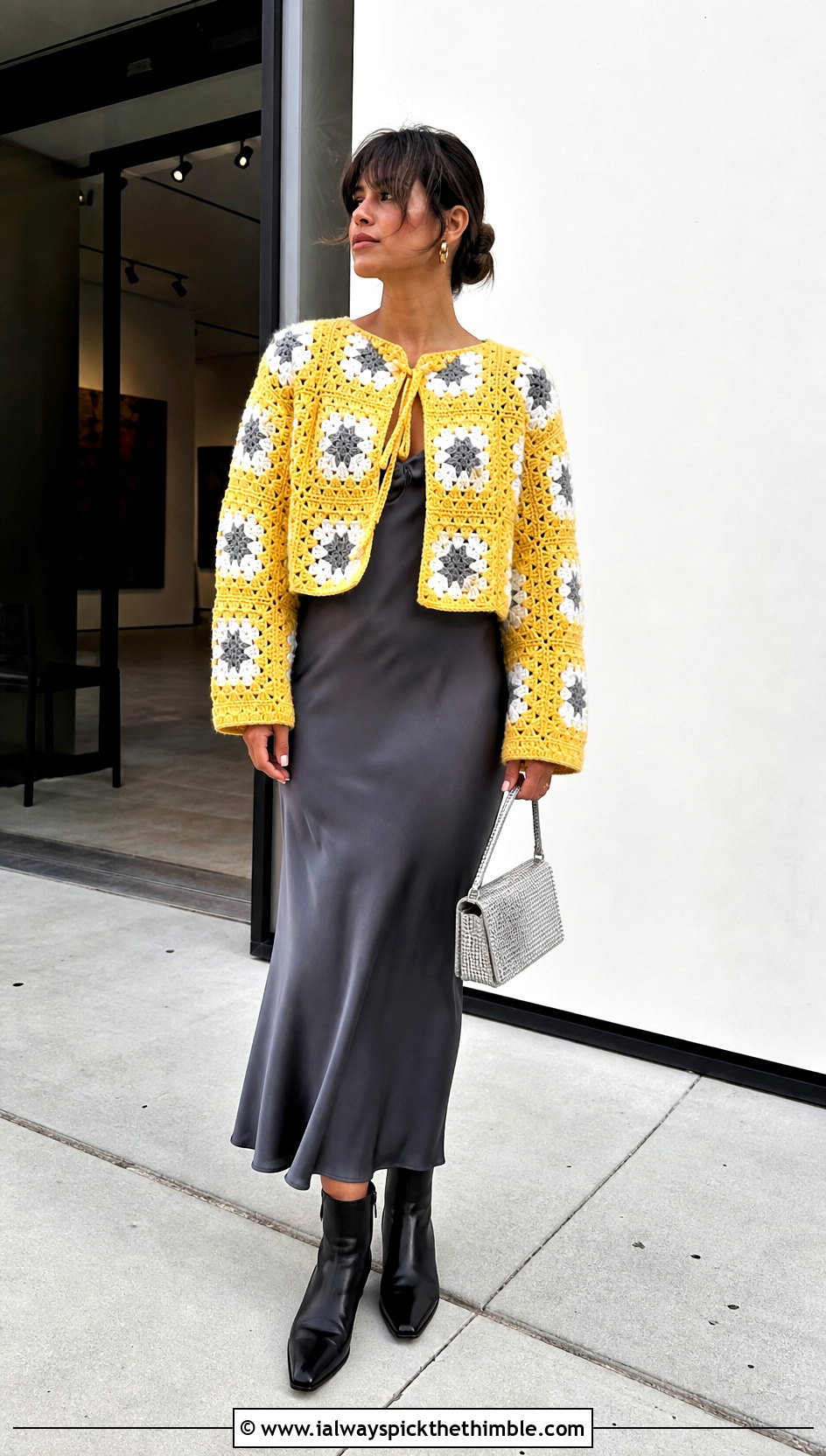Cropped Boxy Giant Granny Square Cardigan With Slip Dress - 25 giant granny square cardigan outfit ideas