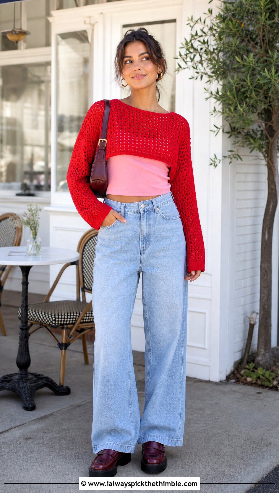 Cropped Boxy Loose Crochet Sweater With Wide Leg Jeans - 20 loose crochet sweater outfit ideas