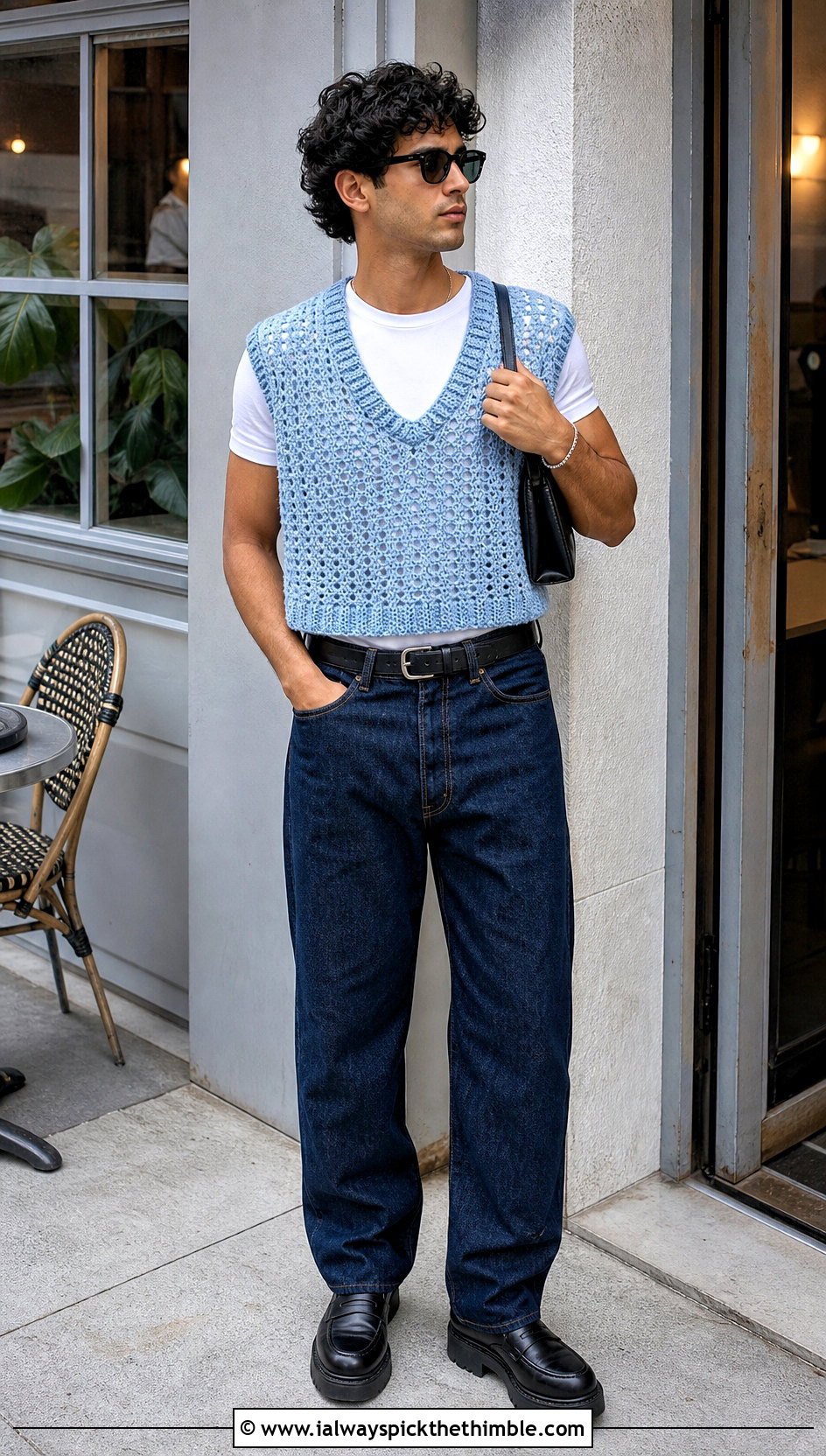 Cropped Boxy Mens Crochet Vest With High Waisted Jeans - 20 men's crochet vest outfit ideas