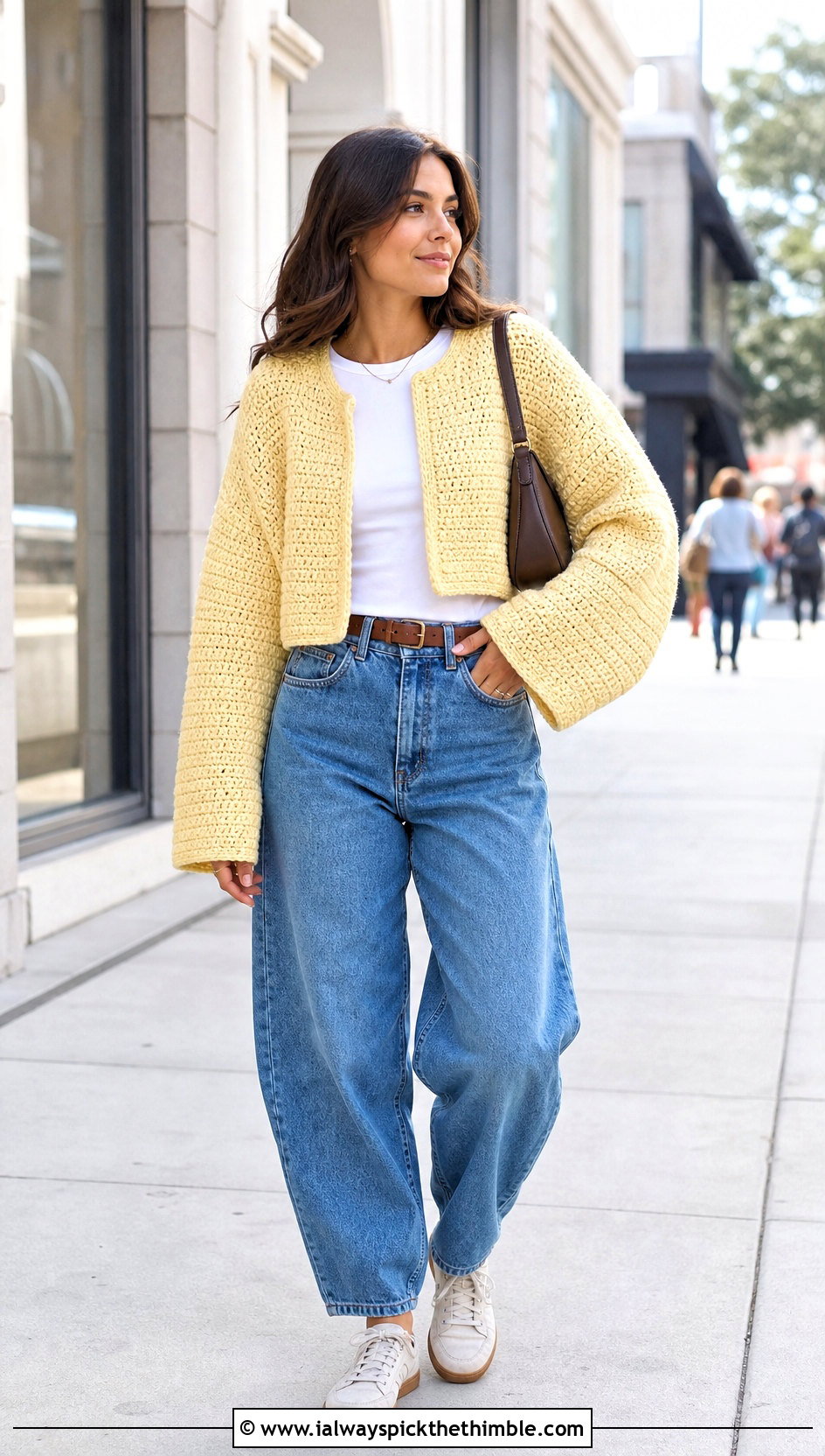 Cropped Boxy Oversize Crochet Sweater With Barrel Jeans - 15 Oversize Crochet Sweater outfit ideas