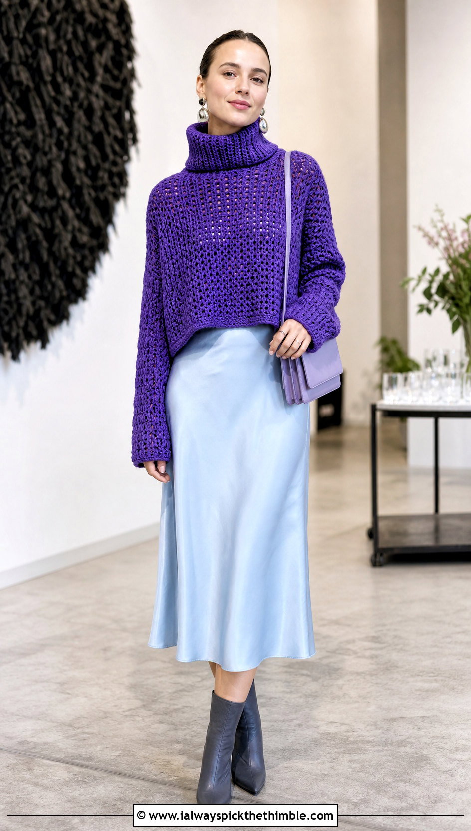 Cropped Boxy Oversized Turtleneck Crochet Sweater Over A Slip Dress - 15 oversized turtleneck crochet sweater outfit ideas