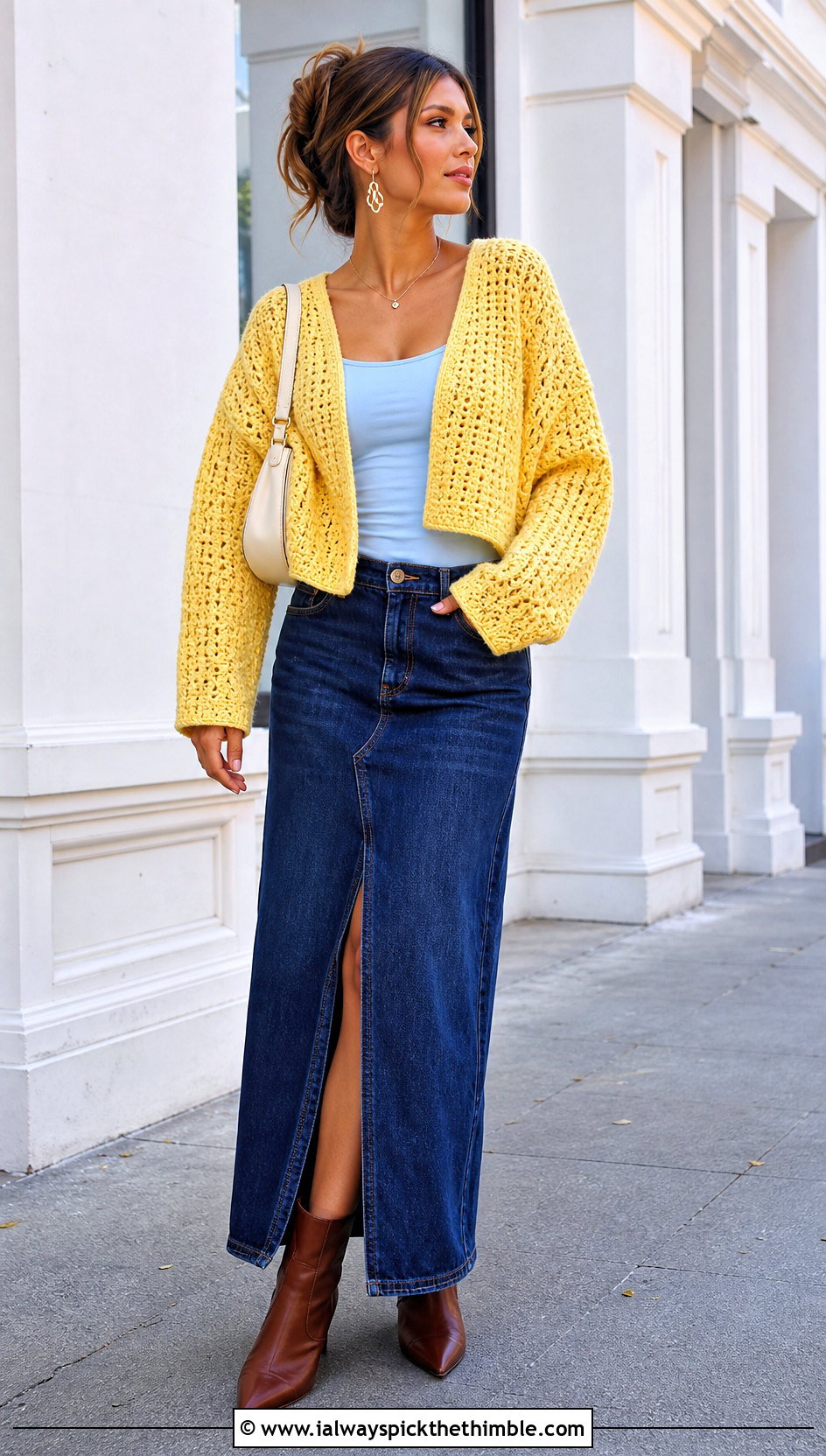 Cropped Boxy Slouchy Crochet Cardigan With A Denim Maxi Skirt - 20 Slouchy Crochet Cardigan outfit ideas
