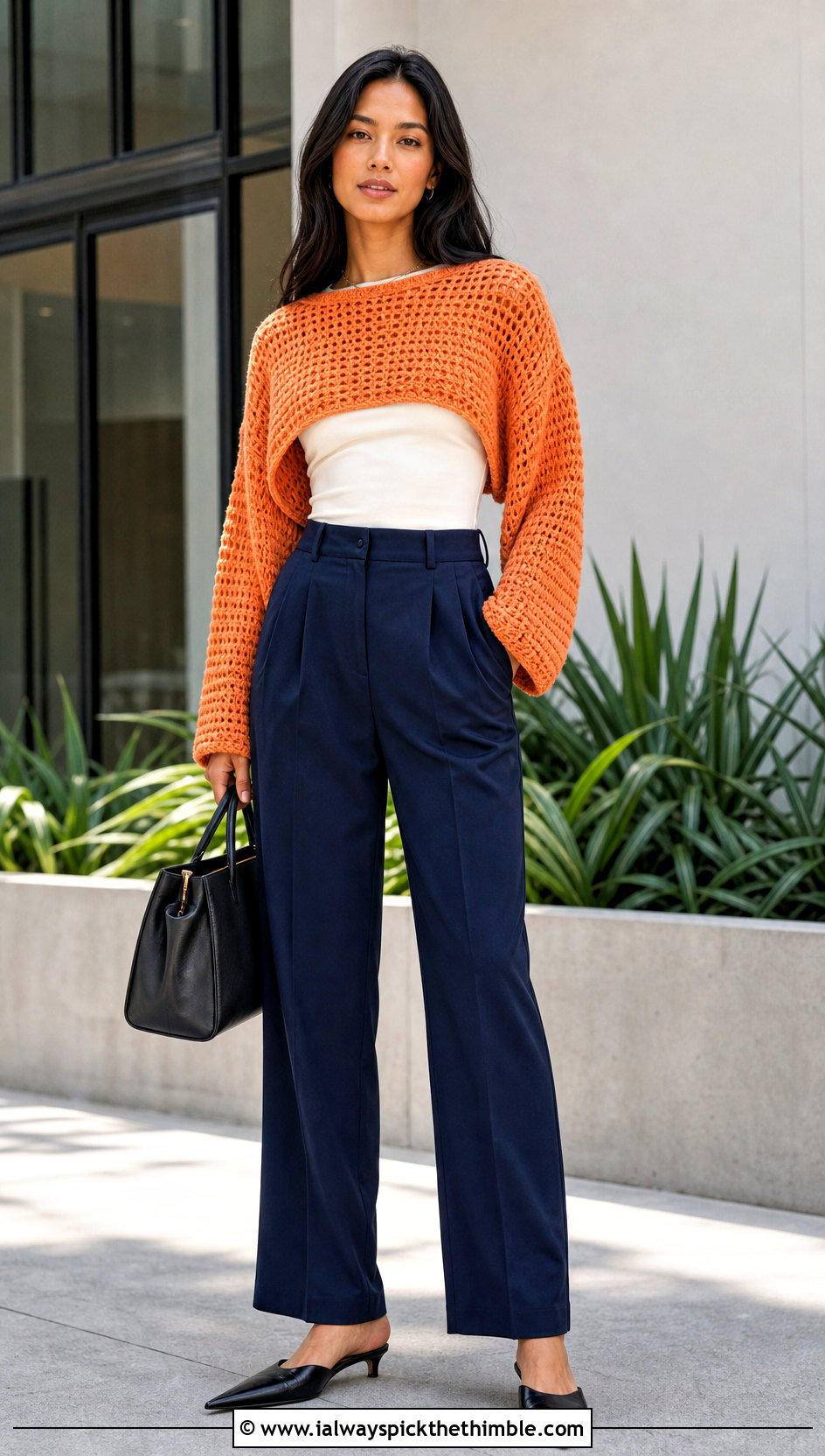Cropped Boxy Slouchy Crochet Sweater With Pleated Trousers - 20 slouchy crochet sweater outfit ideas