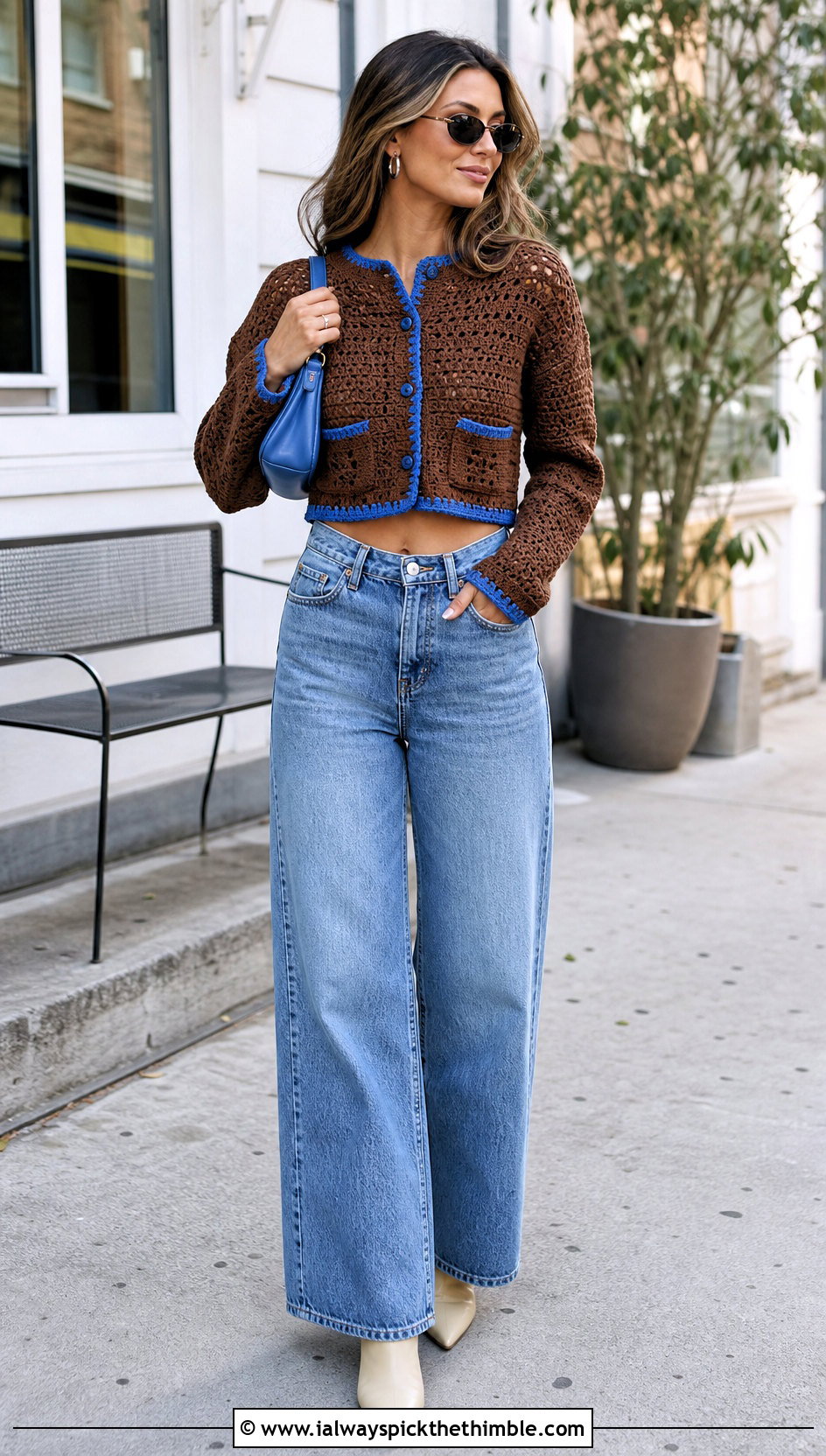 Cropped Brown Crochet Cardigan With Wide Leg Jeans - 25 Brown Crochet Cardigan outfit ideas