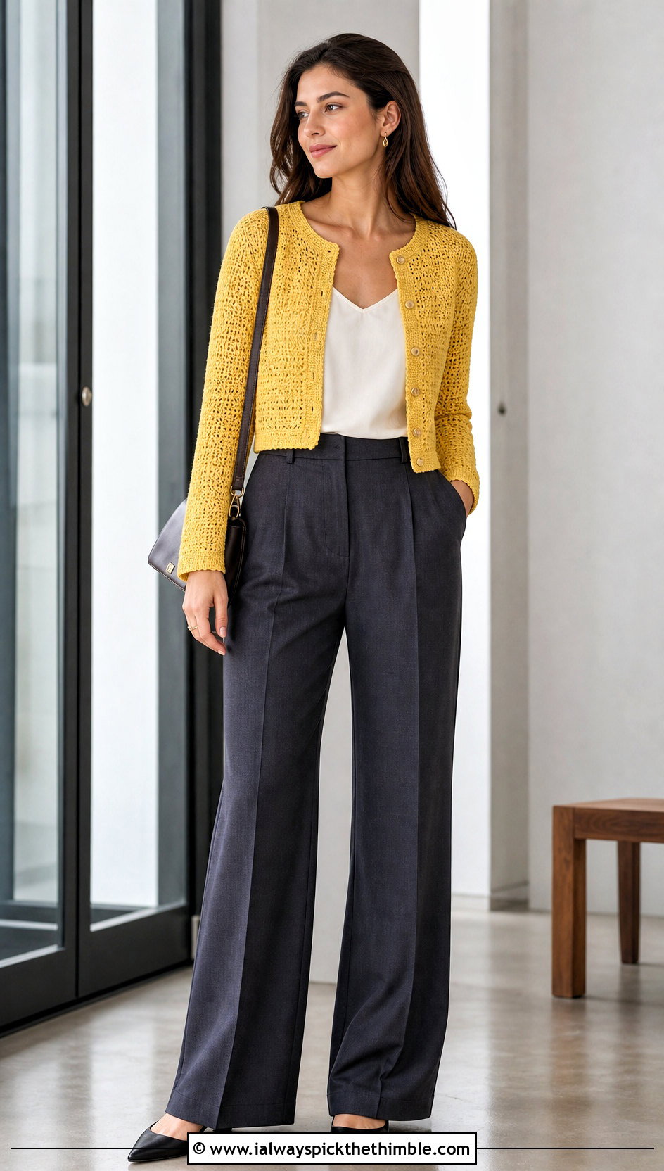 Cropped Button Front Crochet Cardigan With Wide Leg Trousers - 20 Autumn Crochet Cardigan outfit ideas