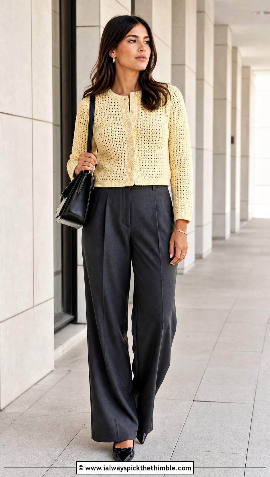 Cropped Button Front Crochet Cardigan With Wide Leg Trousers - 15 Autumn Crochet Cardigan Style outfit ideas