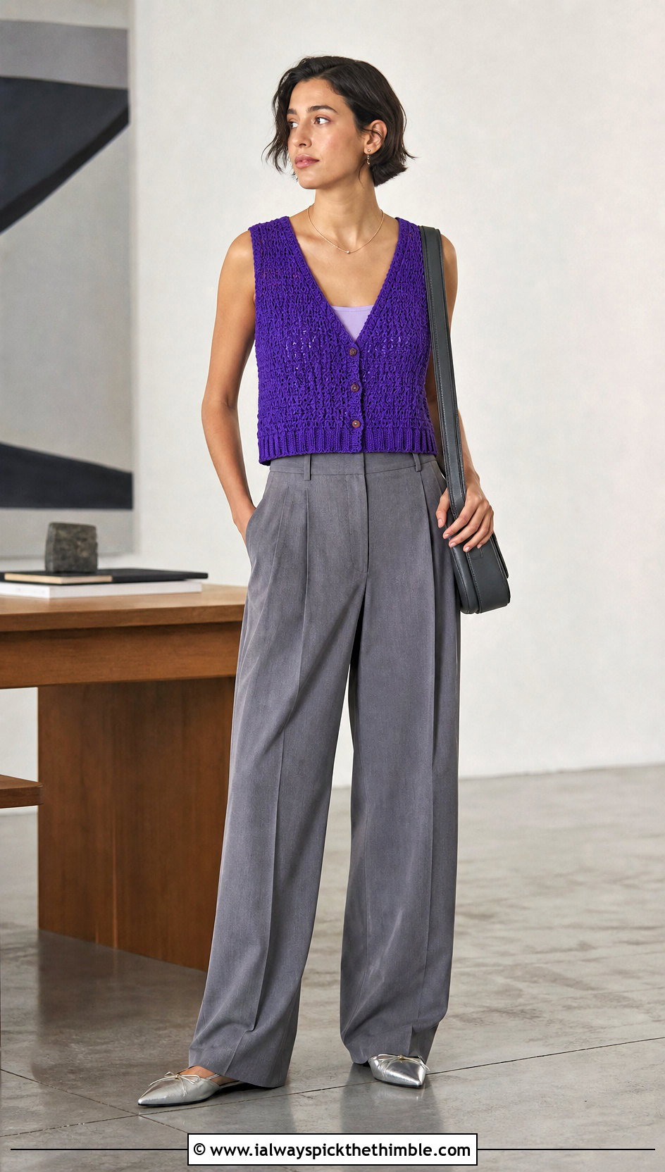 Cropped Button Front Crochet Waistcoat With Wide Leg Trousers - 25 crochet waistcoat outfit ideas