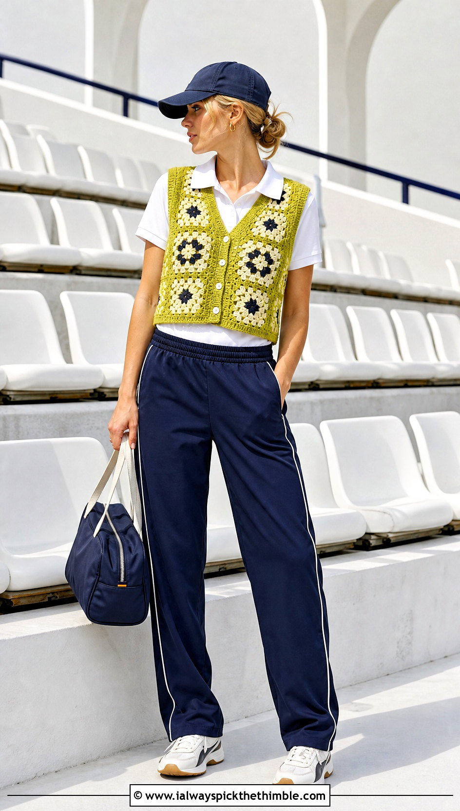 Cropped Button Front Granny Square Vest With Track Pants - 25 granny square vest outfit ideas