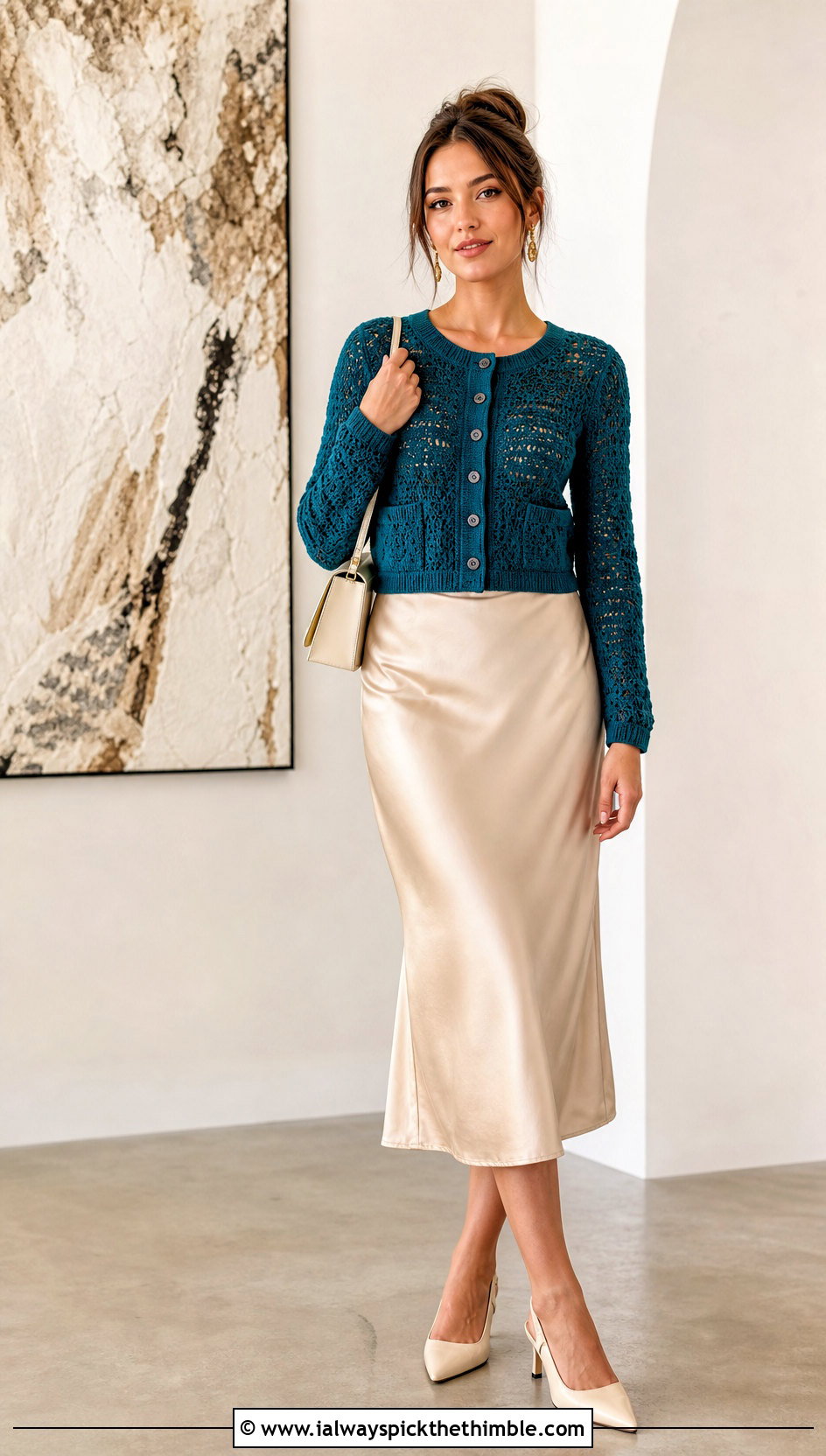 Cropped Button Front Pocket Crochet Cardigan With Midi Skirt - 25 crochet cardigan with pockets outfit ideas