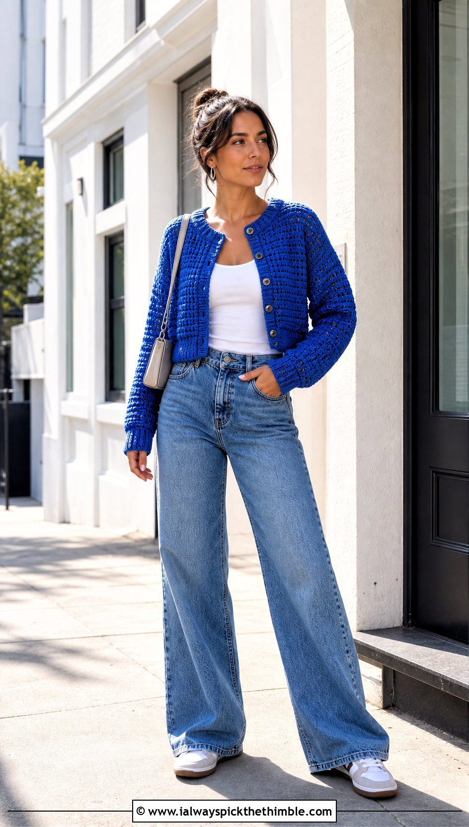 Cropped Button Front Top Down Crochet Raglan Cardigan With Wide Leg Jeans - 20 top down crochet raglan cardigan outfit ideas