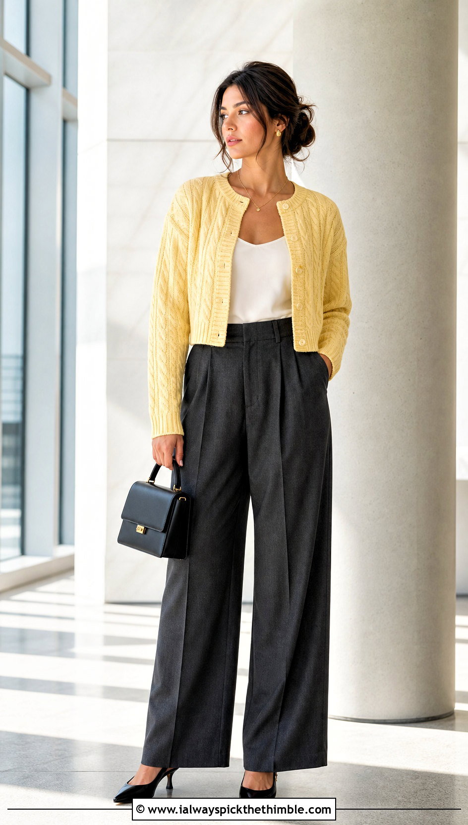 Cropped Button Up Cable Cardigan With Wide Leg Trousers - 20 Crochet Cable Cardigan outfit ideas