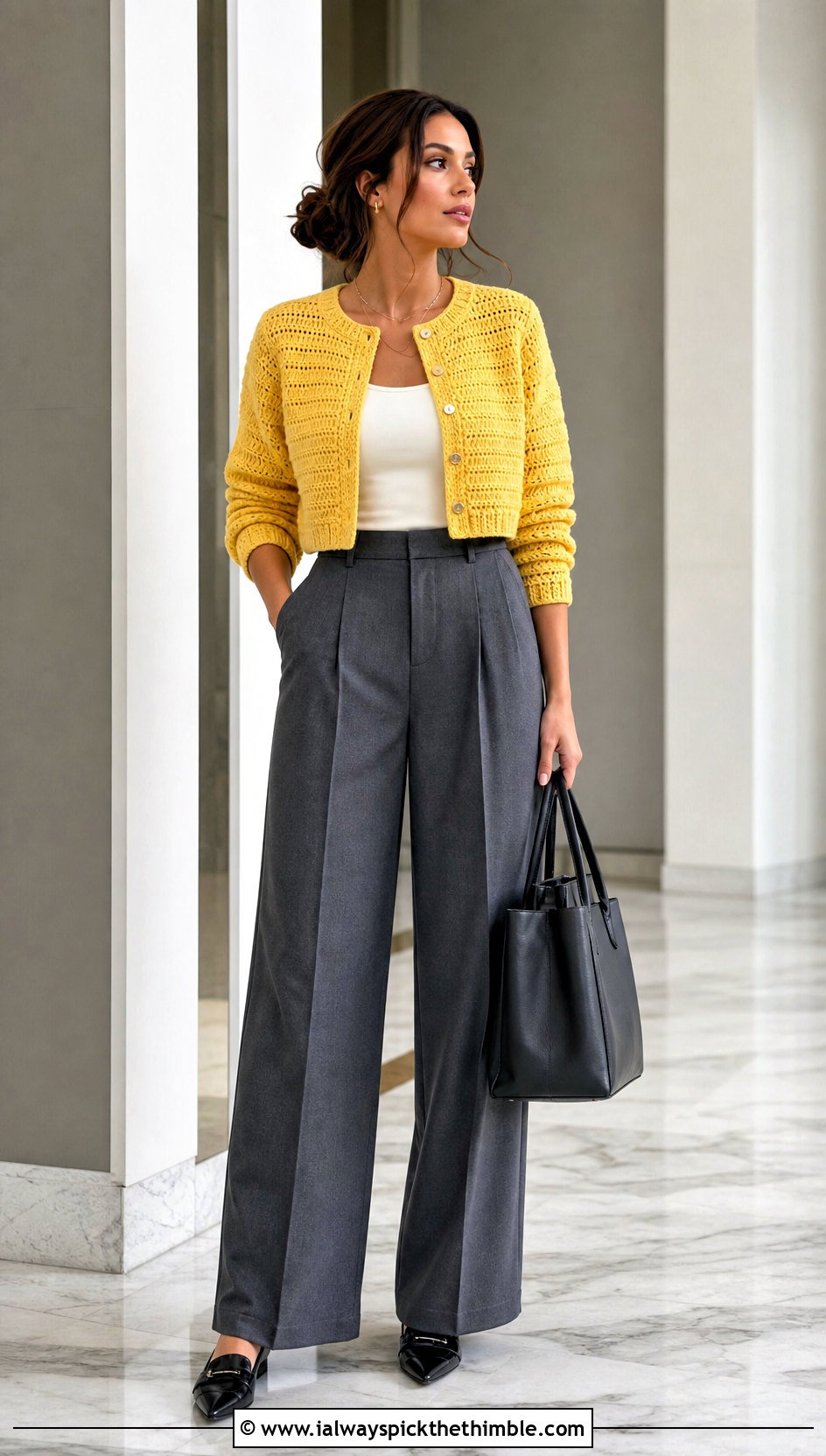 Cropped Button Up Crochet Cardigan With Pleated Trousers - 15 Crochet Cardigan Fall Fashion and outfit ideas