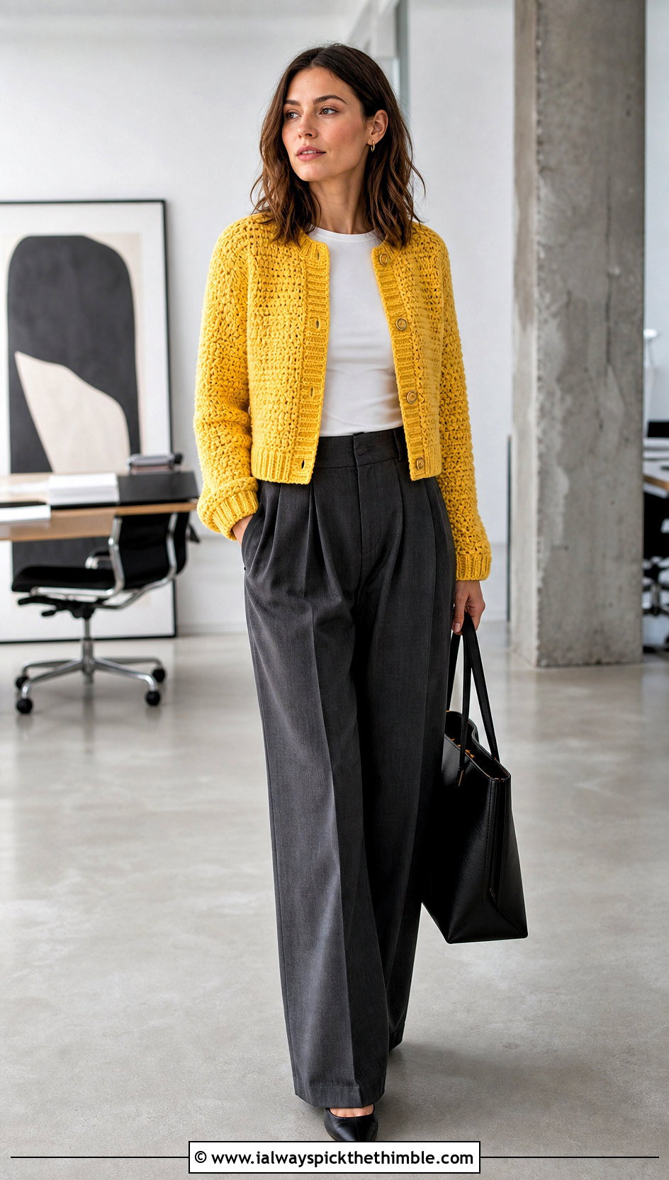 Cropped Button Up Crochet Cardigan With Wide Leg Trousers - 20 Thick Yarn Crochet Cardigan outfit ideas