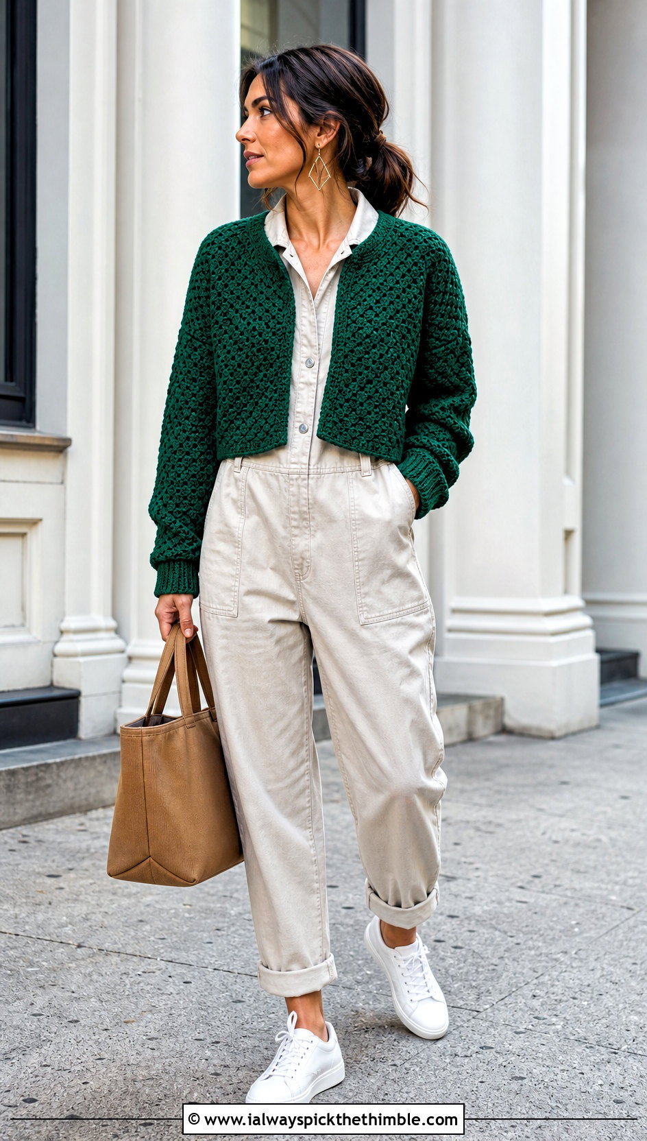 Cropped C2C Cardigan Sweater With Utility Jumpsuit - 20 c2c crochet sweater outfit ideas
