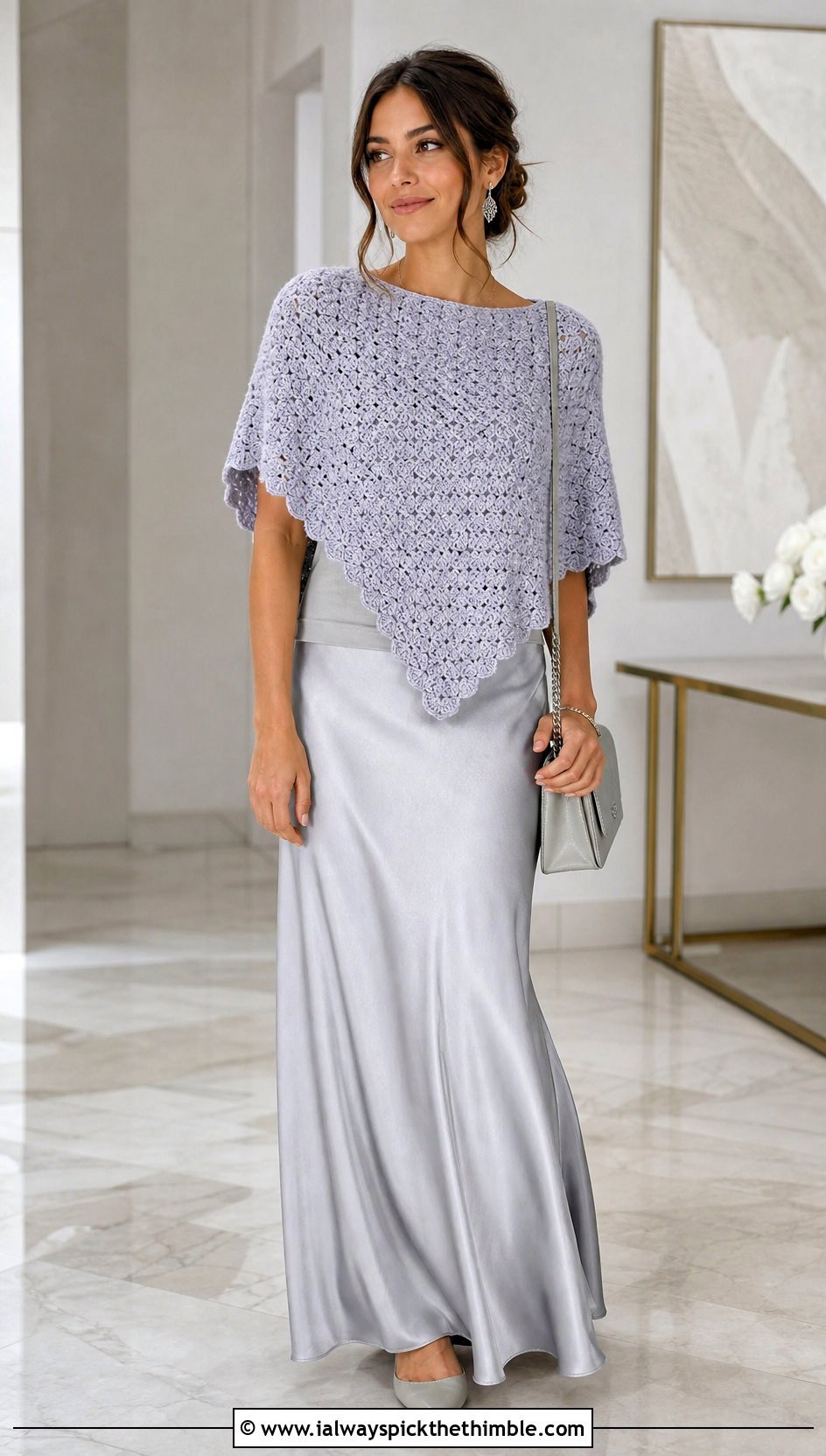 Cropped C2C Poncho With Satin Maxi Skirt - 15 Crochet C2C Poncho outfit ideas