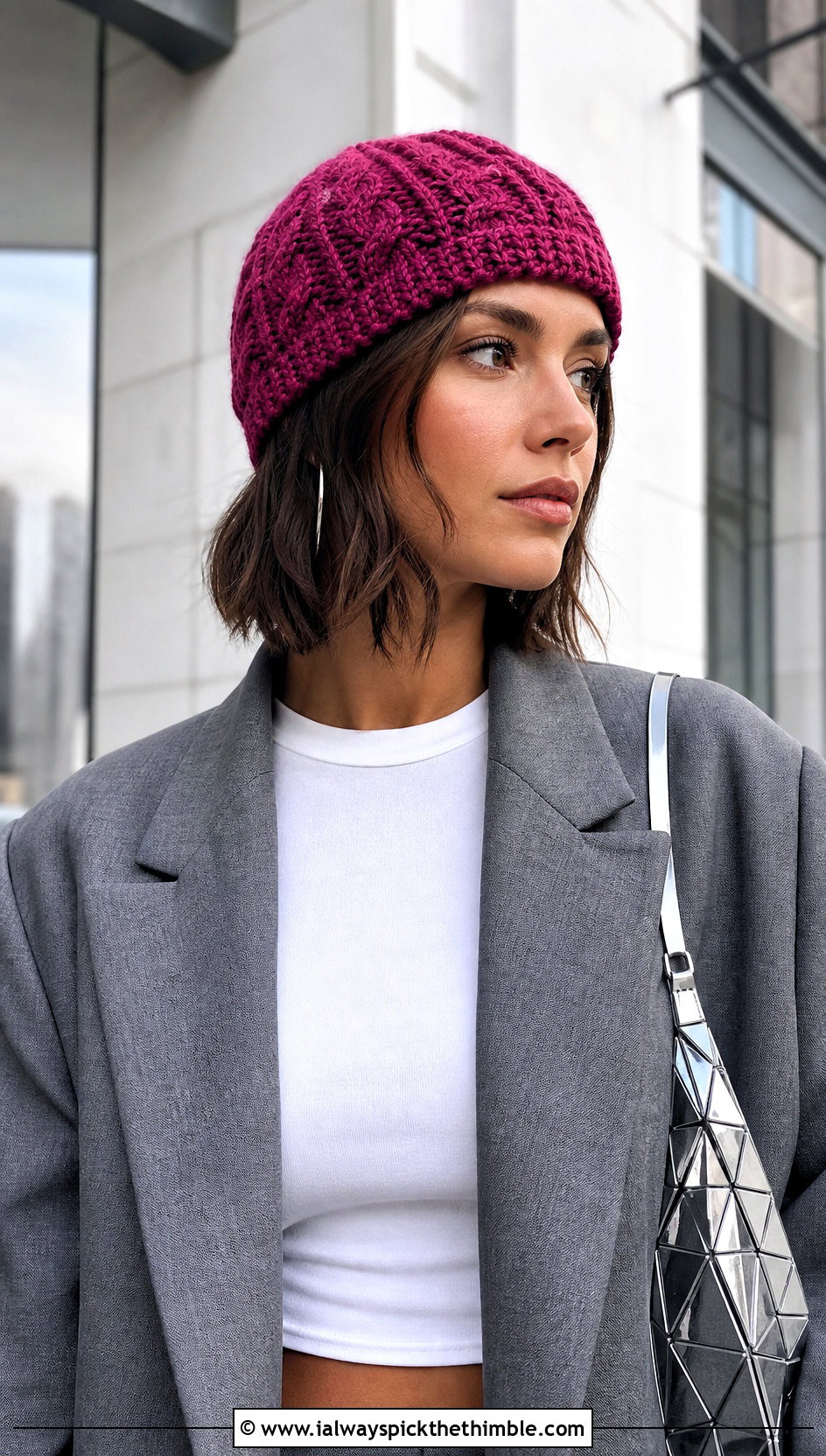 Cropped Cable Beanie With Oversized Blazer - 20 Crochet Cable Stitch Hat outfit ideas