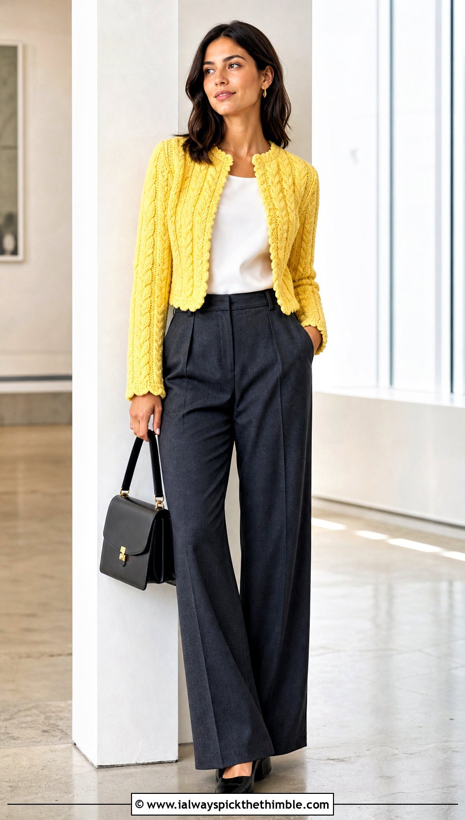 Cropped Cable Crochet Folklore Cardigan With Tailored Trousers - 25 crochet folklore cardigan outfit ideas