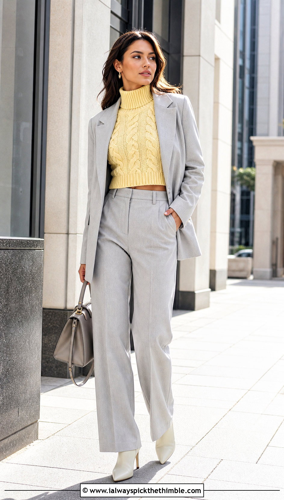 Cropped Cable Crochet Turtleneck Sweater With Trouser Suit - 20 crochet turtleneck sweater outfit ideas