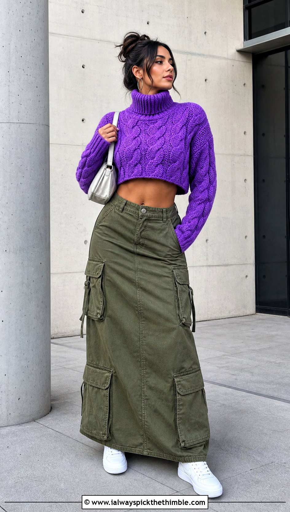 Cropped Cable Stitch Crochet Turtleneck Top With Cargo Maxi Skirt - 20 crochet turtleneck top outfit ideas