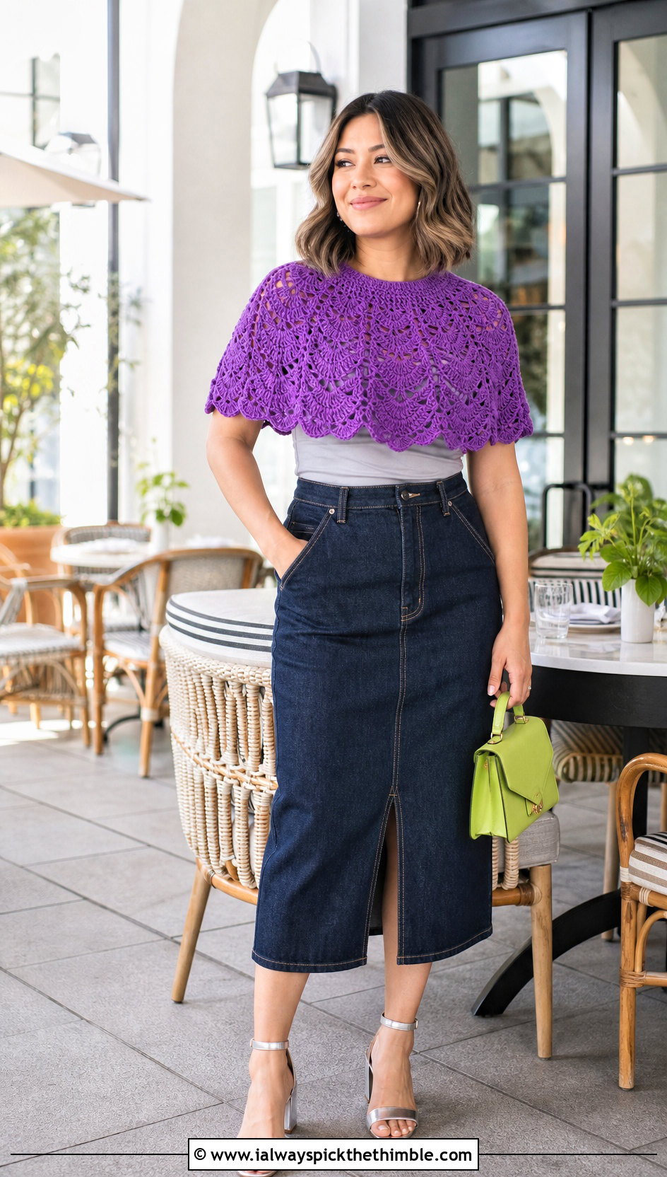 Cropped Capelet Crochet Poncho With Denim Midi Skirt - 15 Lightweight Crochet Poncho outfit ideas