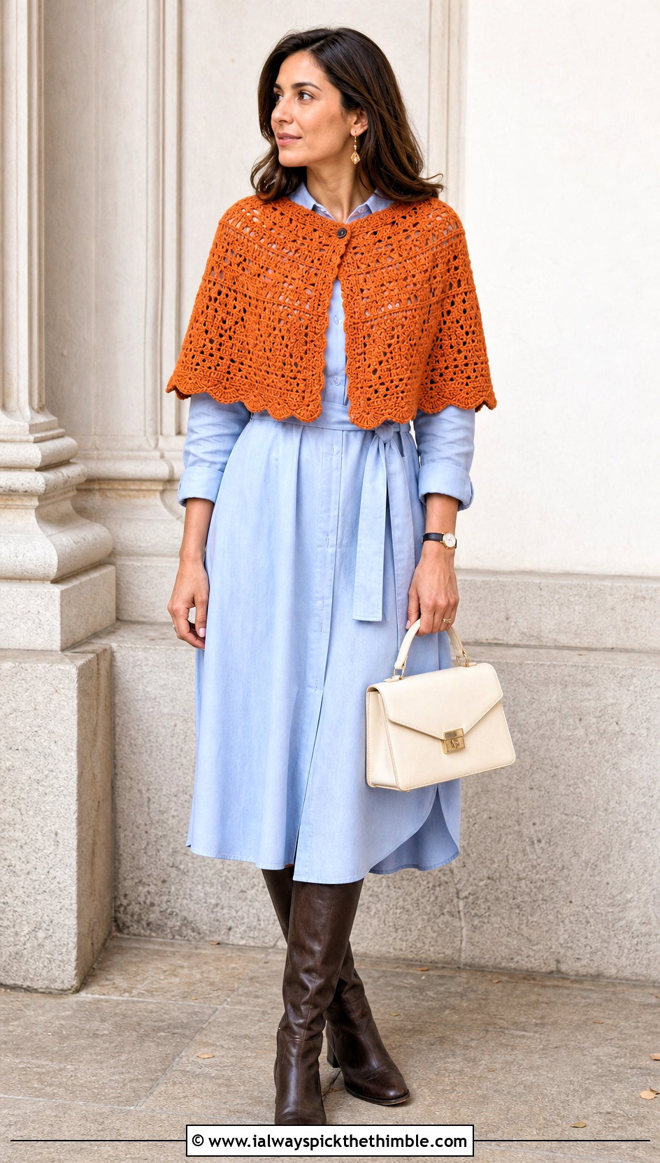 Cropped Capelet Crochet Poncho With Shirt Dress - 15 Crochet For Ponchos For Women outfit ideas