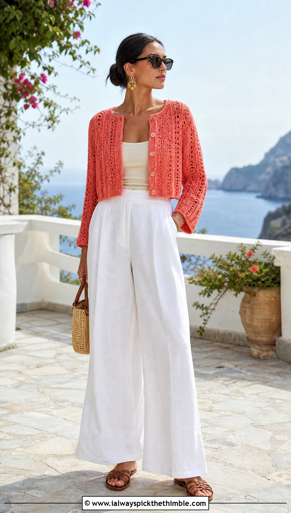Cropped Cardigan Crochet Velvet Sweater With White Trousers - 20 Crochet Velvet Sweater outfit ideas