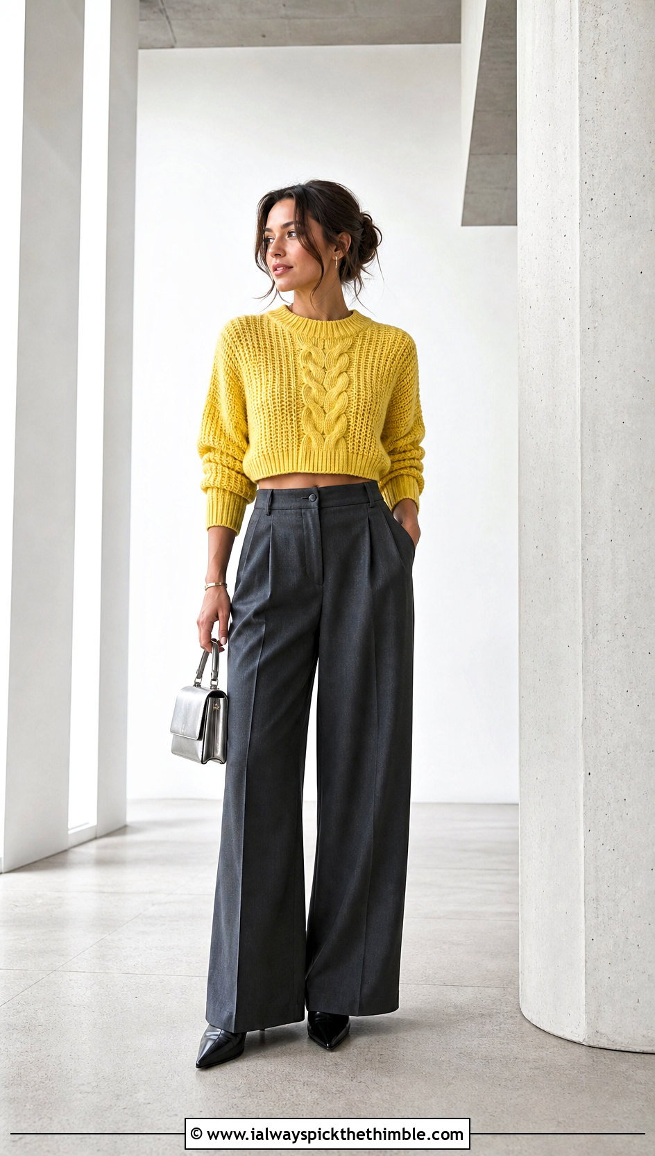 Cropped Center Cable Crochet Sweater With Wide Leg Trousers - 25 crochet cable sweater outfit ideas