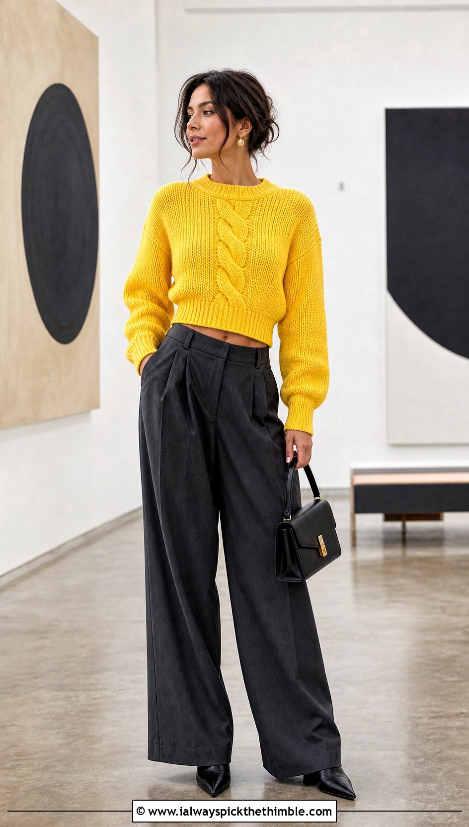 Cropped Central Cable Crochet Sweater With Wide Leg Trousers - 25 cable crochet sweater outfit ideas